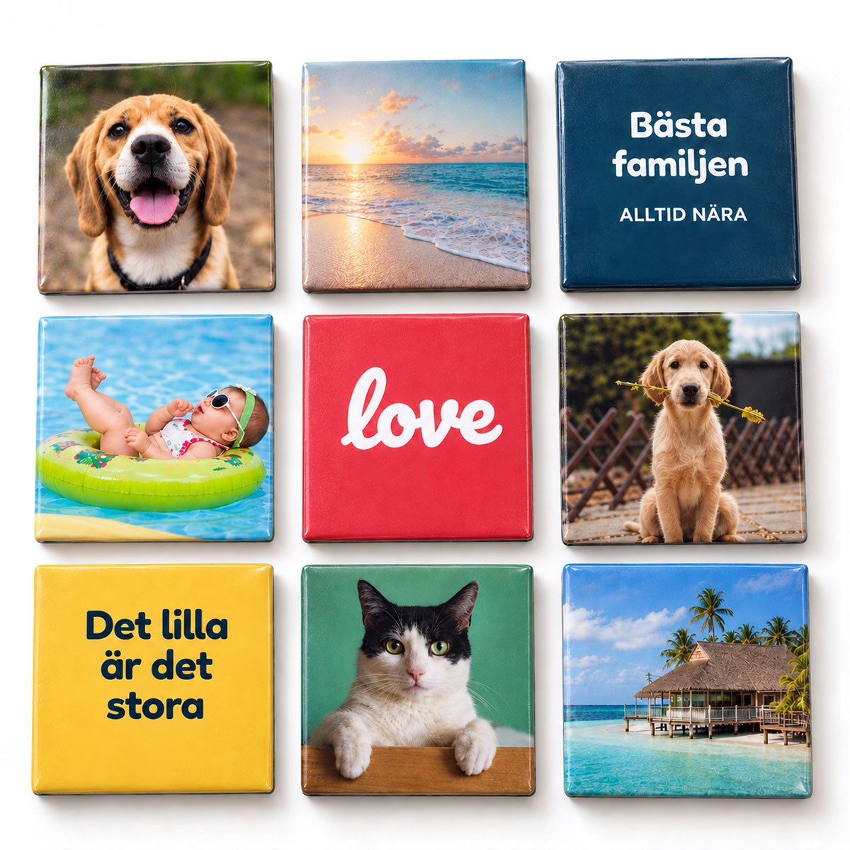 Nio kvadratiska magneter med egna foton och texter